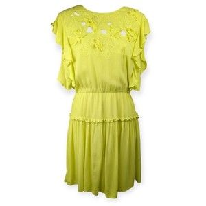 BCBG MAXAZRIA Jadie Flutter-Sleeve Blossom Embroidered Dress Bright Yellow S